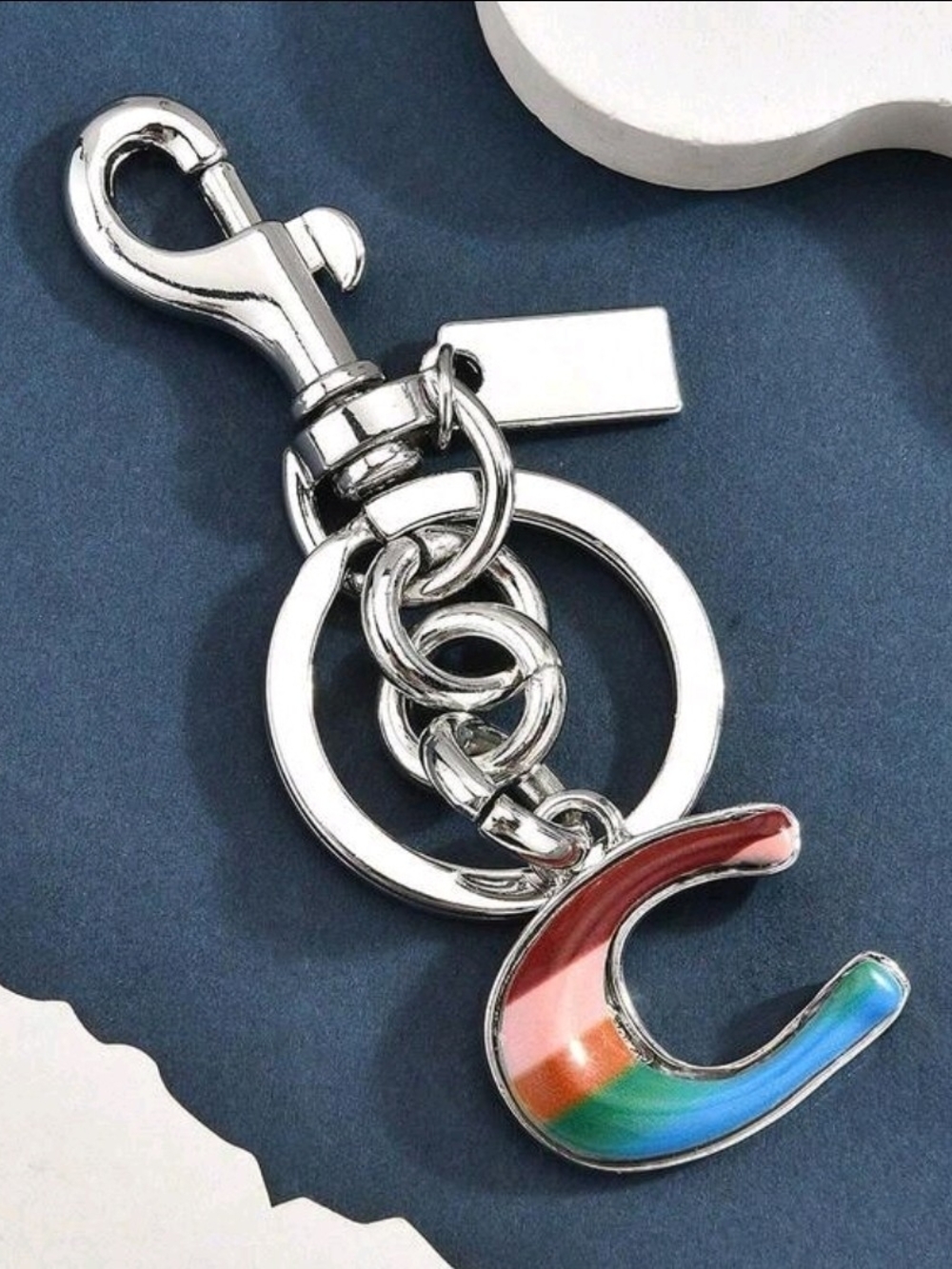 Rainbow Enamel 'C' Key & Card Holder Charm - Silver Hardware